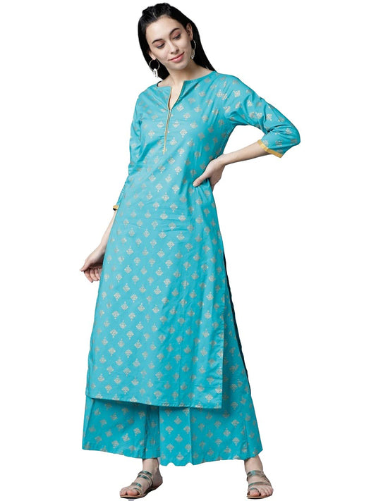 GoSriKi Women's Cotton Foil Printed Straight Kurta with Palazzo (New-Turquoise)