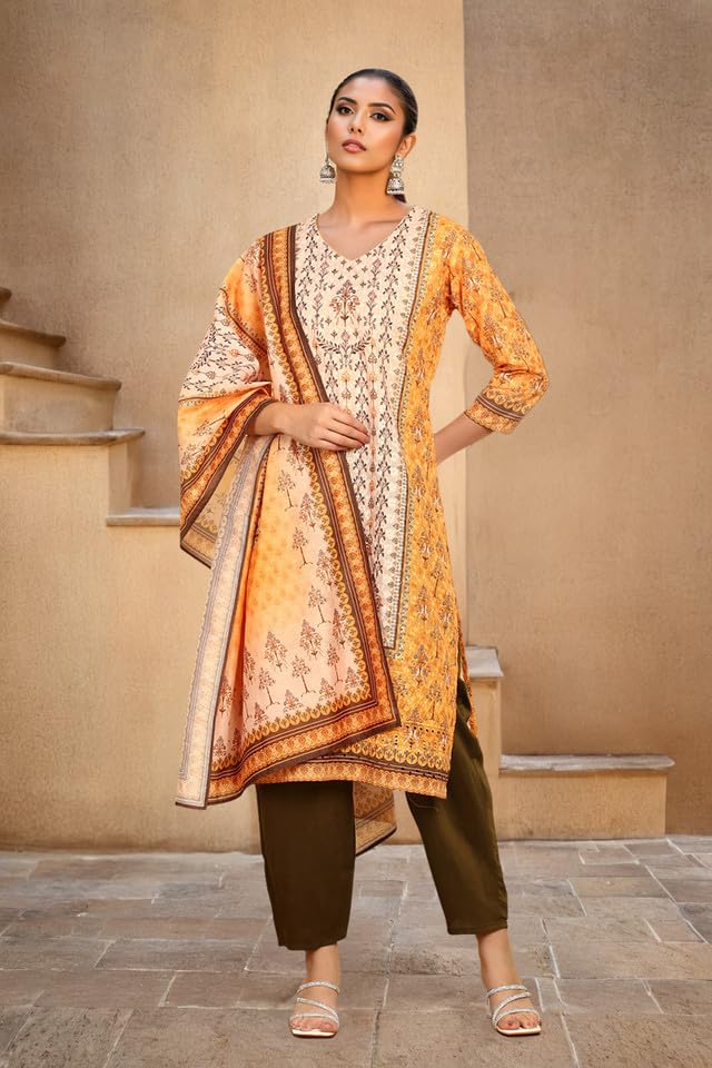 Soch Womens Mustard Print With Embroidery Cotton Blend Suit Set With Sequins