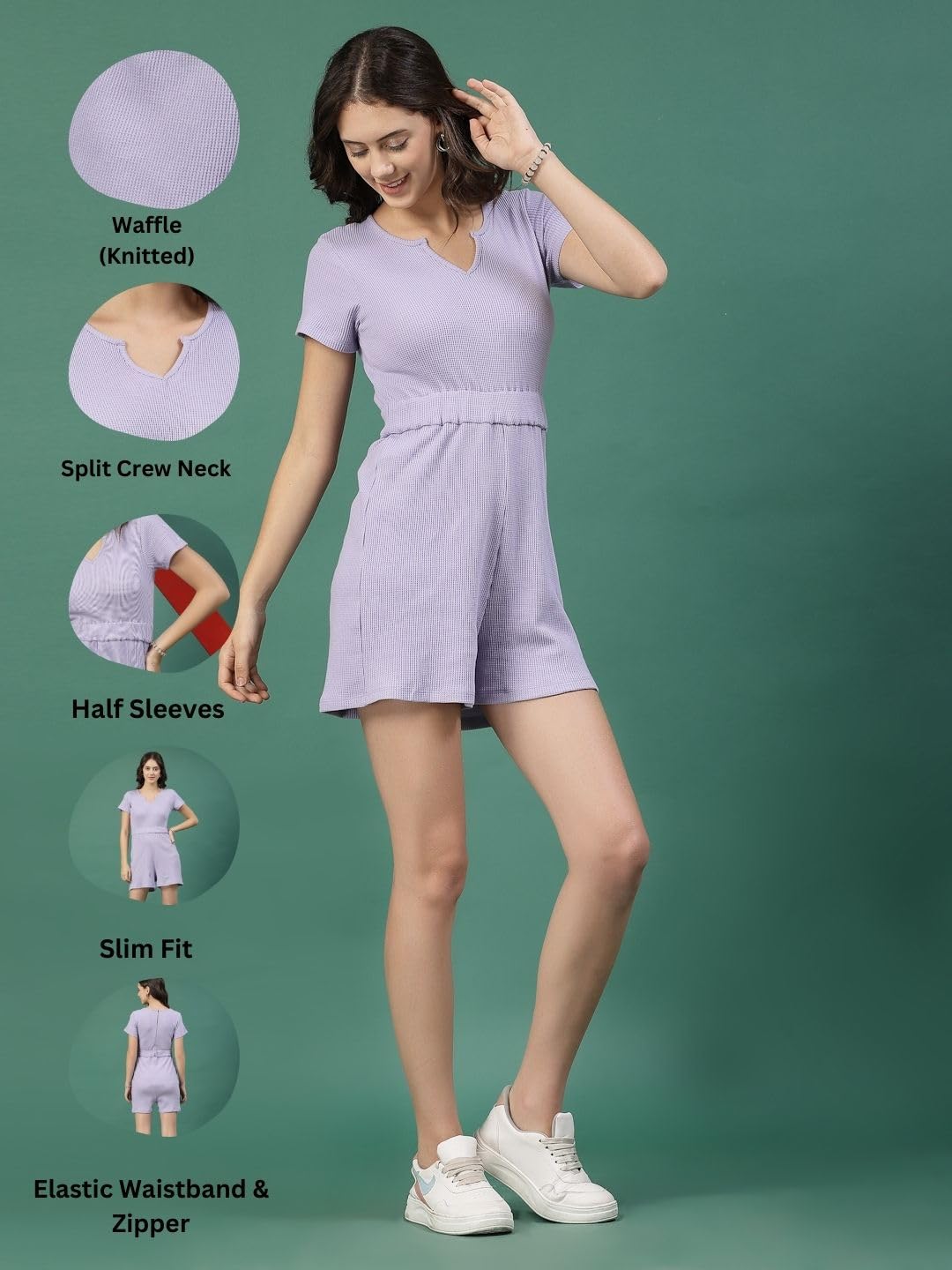 Rigo Waffle Playsuit Above The Knee Jumpsuit For Women (Wjd308-1021_Light Purple