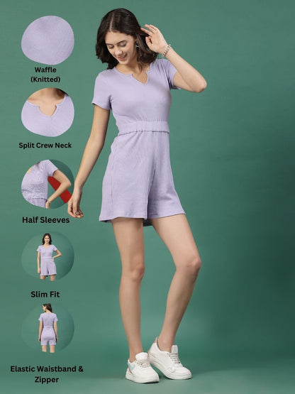 Rigo Waffle Playsuit Above The Knee Jumpsuit For Women (Wjd308-1021_Light Purple