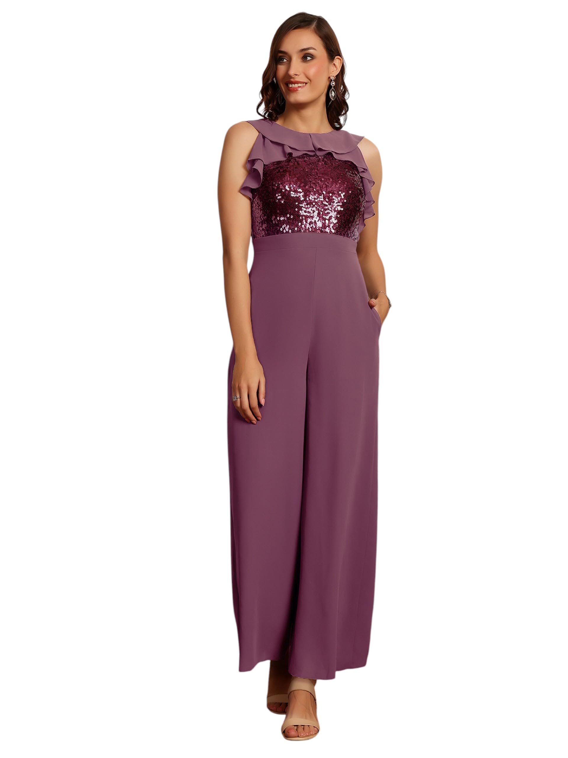 Miss Chase Womens Sleeveless Embellished Ruffle-Styled Regular-Length Jumpsuit (MCAW24D19-66-271-06, Mauve, XL)