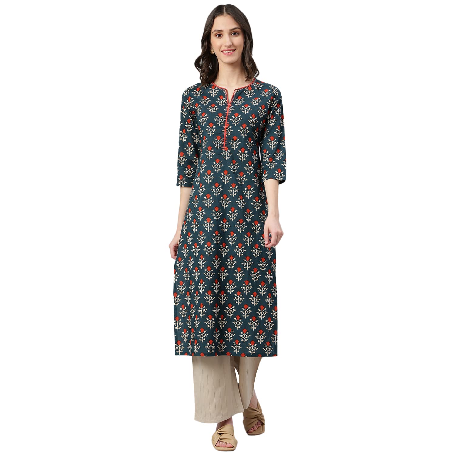 idaLia Sage Blue Floral Printed Kurta
