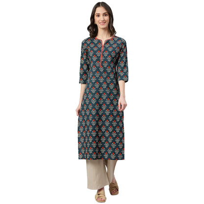 idaLia Sage Blue Floral Printed Kurta