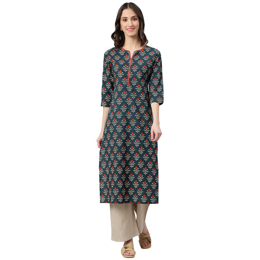 idaLia Sage Blue Floral Printed Kurta