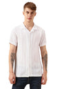 Dennis Lingo Men White Poly Seersucker Half Sleeve Shirt Collar Stripes Shirts