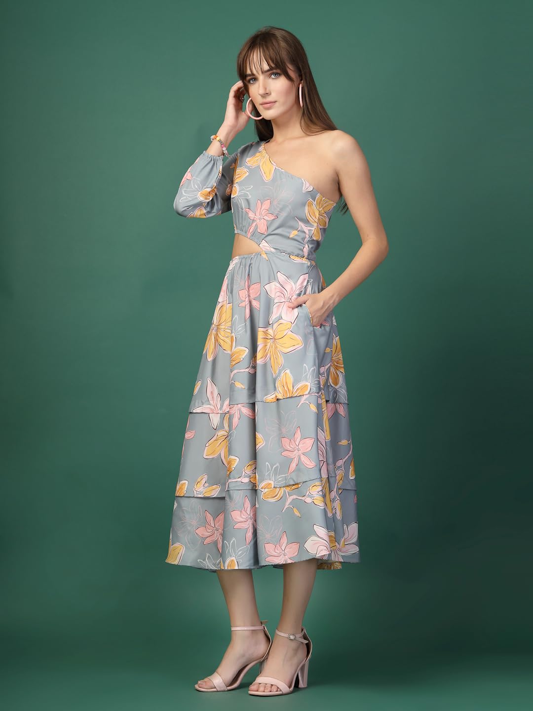 Oomph! WomenS Western & Fusion Wear Printed Crepe Dress For Women, One Shoulder, Grey - Md1082