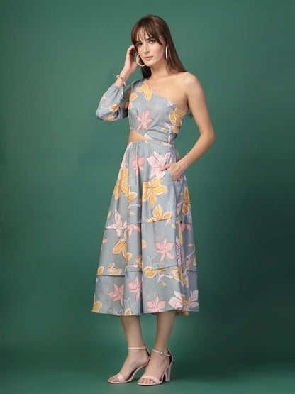 Oomph! WomenS Western & Fusion Wear Printed Crepe Dress For Women, One Shoulder, Grey - Md1082