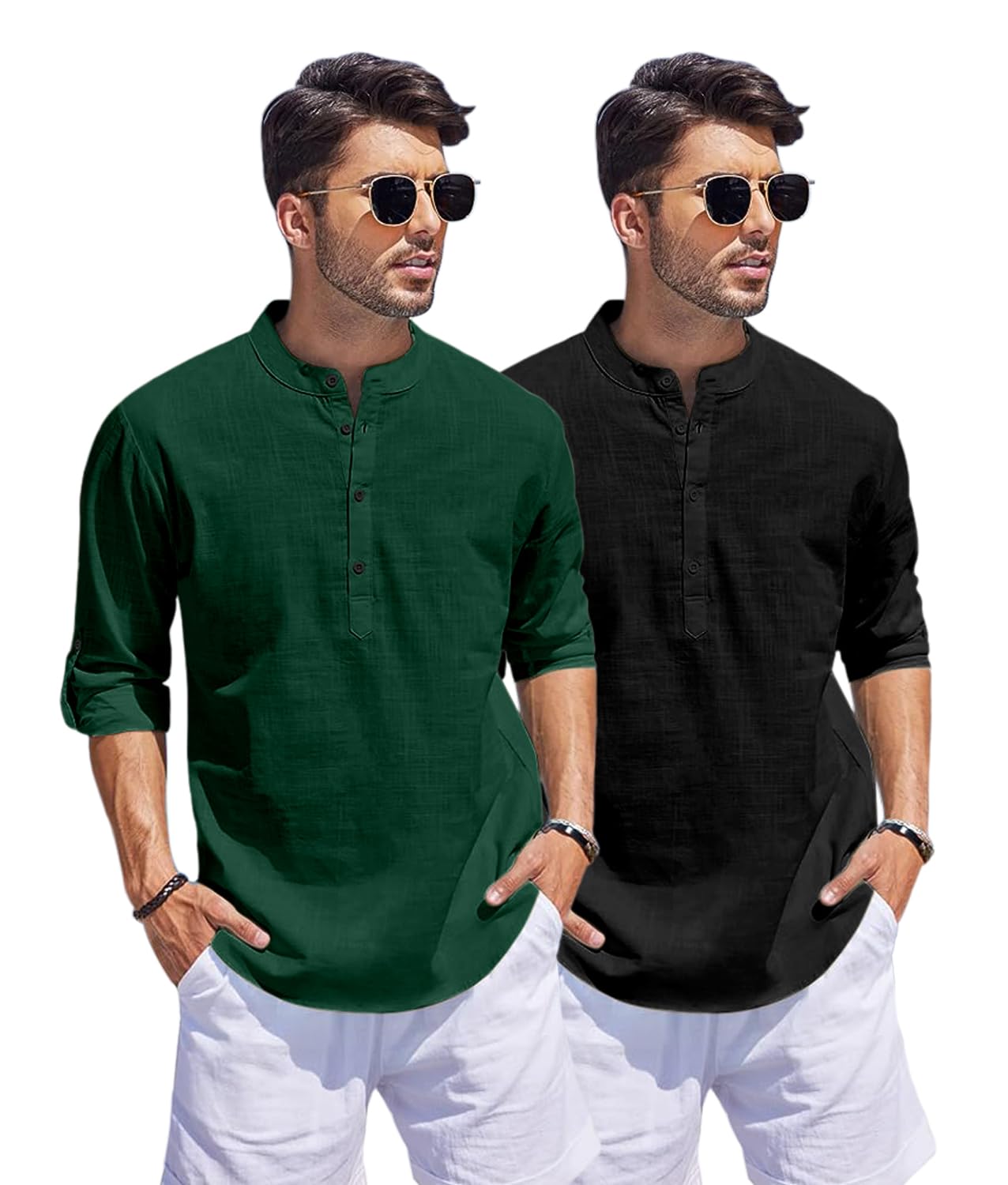 Hemrin Combo Of Men Solid Cotton Blend Straight Kurta Shirt Pack Of 2