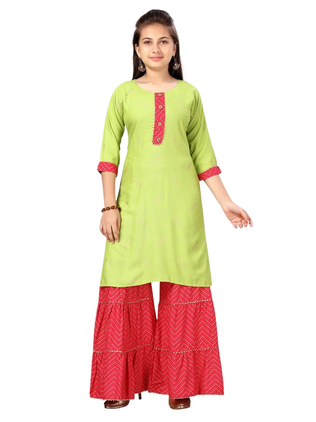 Aarika Girl's Cotton Kurti Sharara Set (SH-AP-C-3_Green-Rani_32)