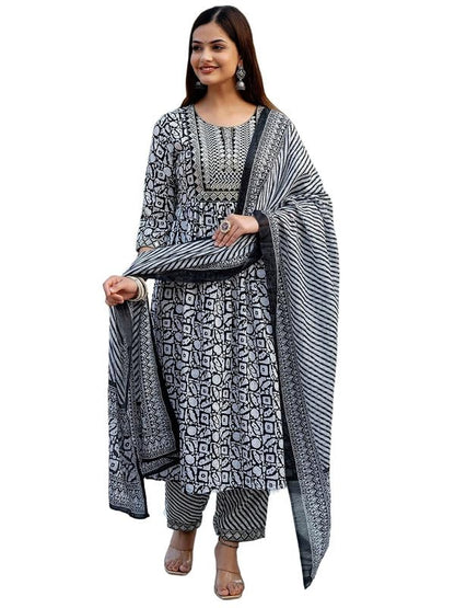 Pinkmint Women Cotton Blend Anarkali Printed Kurta With Pant & Dupatta Set Grey