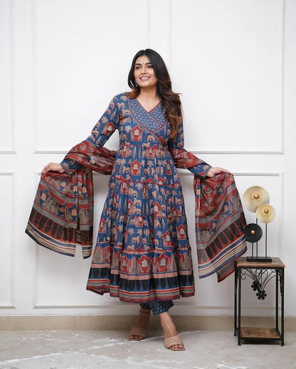 GRECIILOOKS WomenS Rayon Anarkali Printed V- Neck Kurta With Palazzo & Dupatta | Ethnic Set | Dupatta Set | Suit Set | Kurta An
