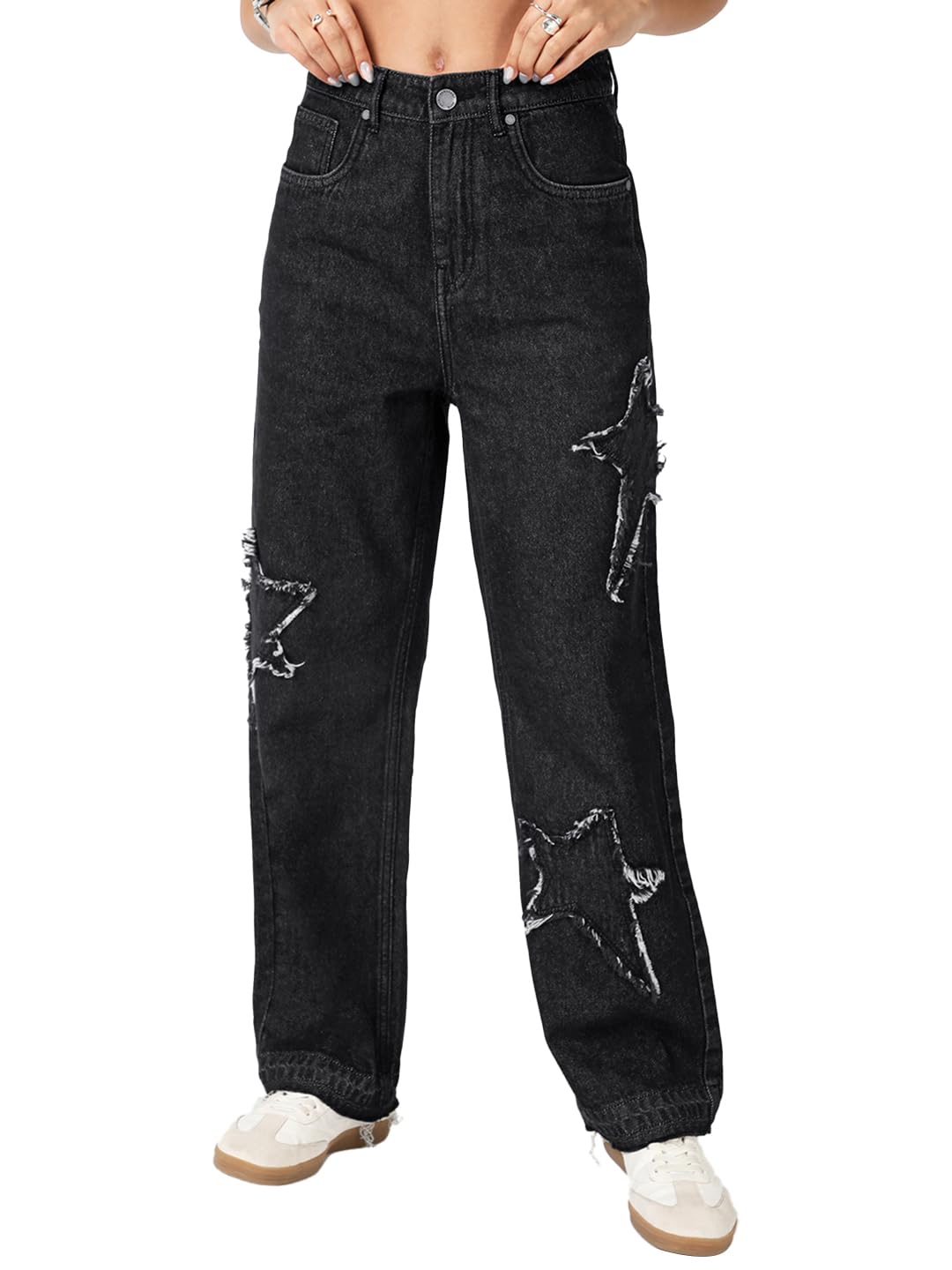 Bewakoof WomenS Applique Baggy Fit Cotton Jeans_690787_Black_32