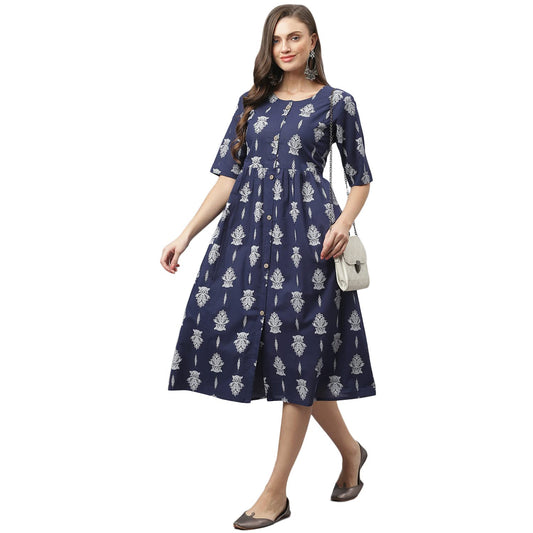 Stylum Women's Paisely Print Cotton Flared Kurta (Navy Blue)