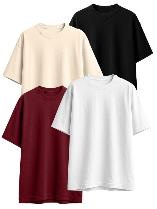 Juneberry 100% Pure Cotton Oversized Loose Fit Half Sleeve Drop Shoulder Solid Core Round Neck Multicolor T-Shirt Combo For Wome