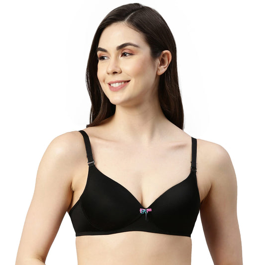 Enamor F023 Perfect Plunge T-Shirt Bra Padded, Wirefree & Medium Coverage Black