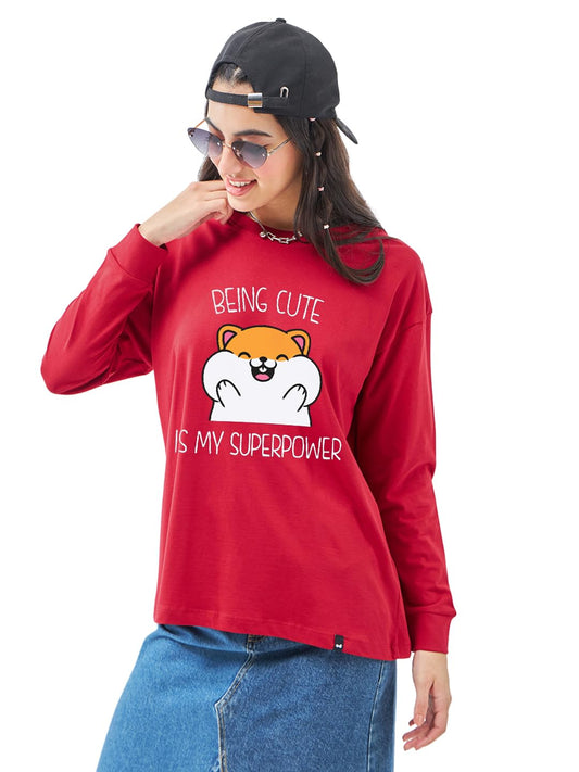 Bewakoof WomenS Graphic Printed Oversized Fit Full Sleeve Round Neck Cotton Jersey T-Shirt_636697_Red_M