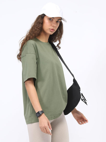 Nobero WomenS Solid Oversized Fit T-Shirt (1W-Twrt-R0040_Olive Green