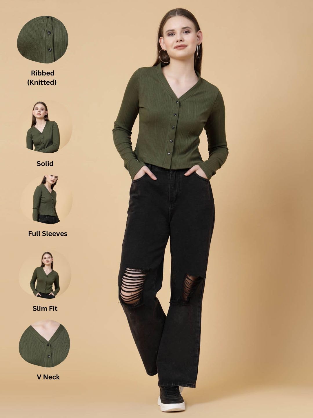 Rigo Casual Wear V Neck Rib Knit Top for Women | Slim Fit Long Sleeves Western Tops for Women
