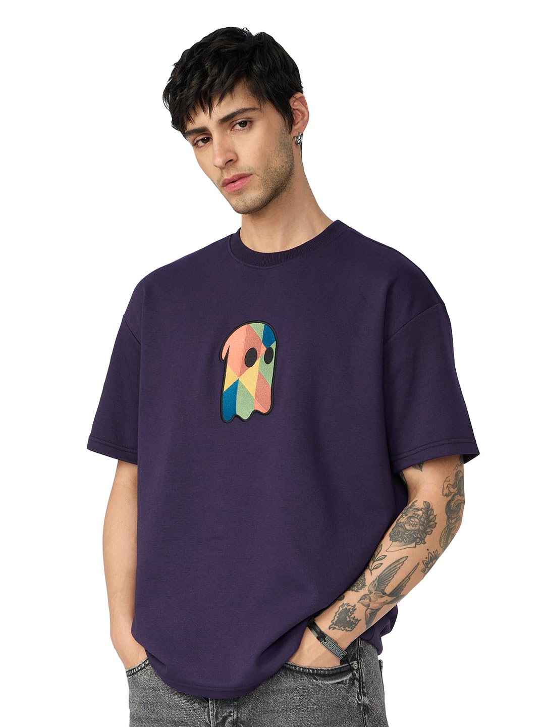 The Souled Store Fusion Berry Men and Boys Short Sleeves Round Neck Purple Embroidered Cotton Oversized T-Shirts