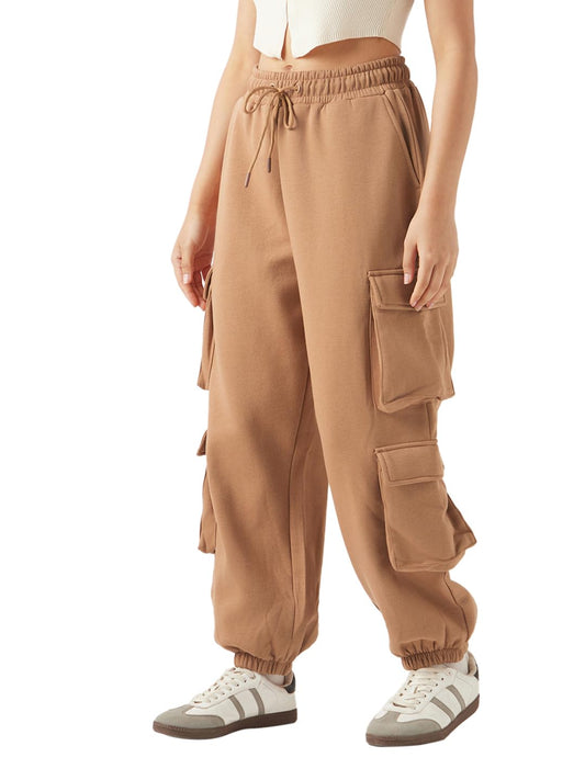 Bewakoof Heavy Duty 1.0 Womens Solid Super Loose Fit Fleece Cargo Joggers_646708_Brown_XS