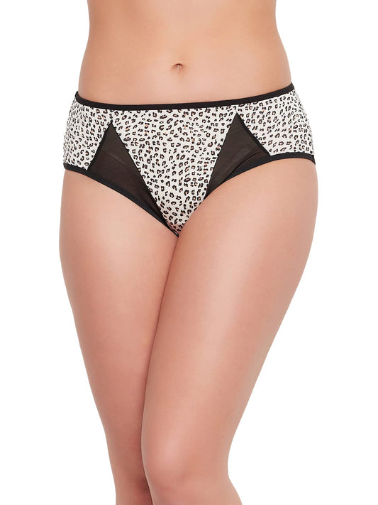 Clovia Womens Mid Waist Animal Print Bikini Panty in White with Powernet Panels (PN1790A18_White_XXL)