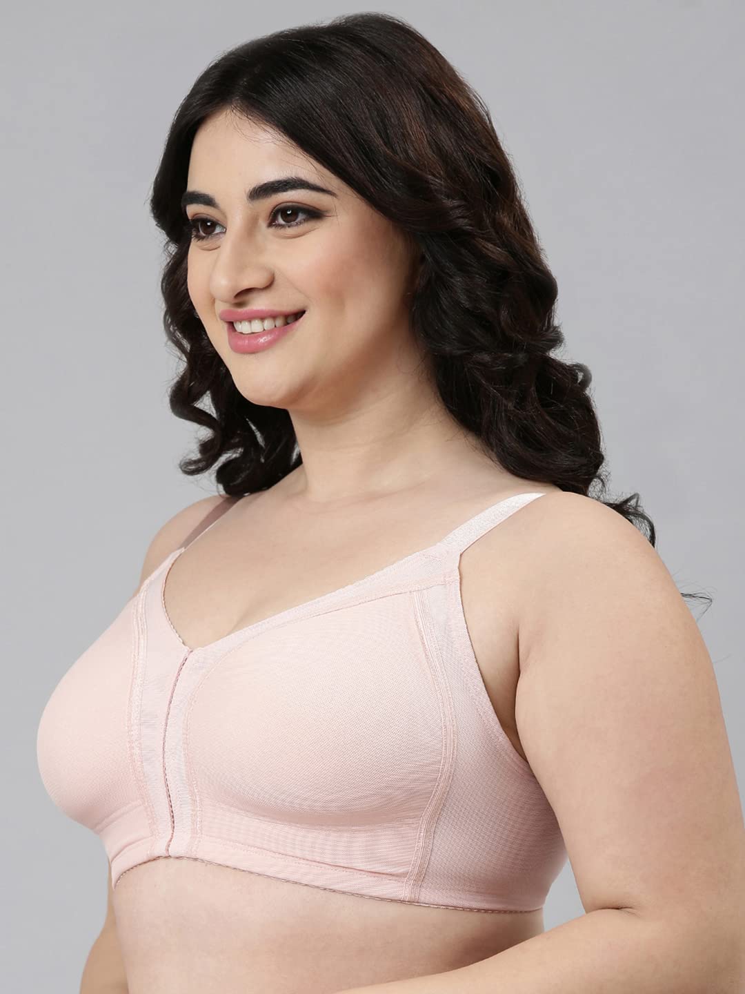 Enamor Womens Nylon Blend Non Padded Wire Free Full Coverage Smooth Contour Lift Bra with 3-Section Cups Support- F097(F097-Pea
