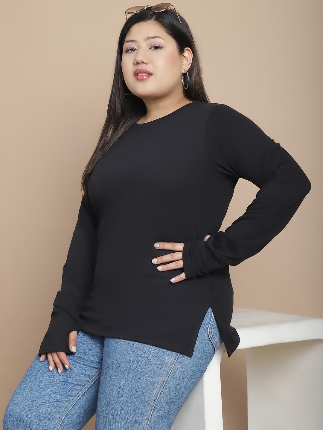 Rigo Plus Size Thumbhole Top for Women | Round Neck, Side Slits, Slim Fit Top for Women | Western Tops for Girls | Gym/Sports We