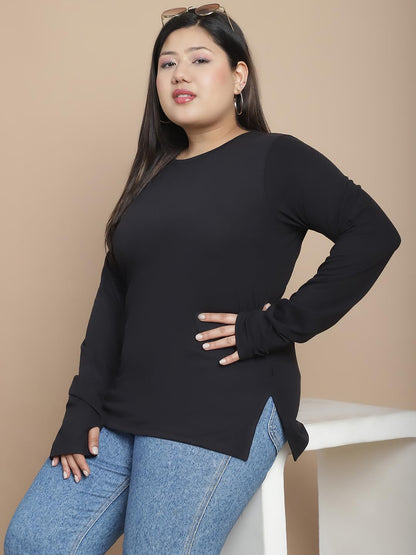 Rigo Plus Size Thumbhole Top for Women | Round Neck, Side Slits, Slim Fit Top for Women | Western Tops for Girls | Gym/Sports We