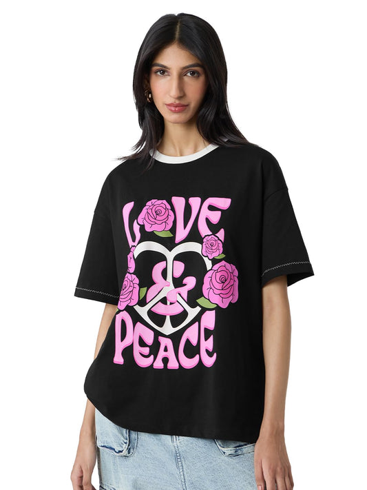 The Souled Store Peace & Love Women and Girls Short Sleeves Round Neck Black Graphic Printed Cotton Oversized T-Shirts