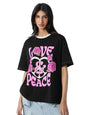The Souled Store Peace & Love Women and Girls Short Sleeves Round Neck Black Graphic Printed Cotton Oversized T-Shirts