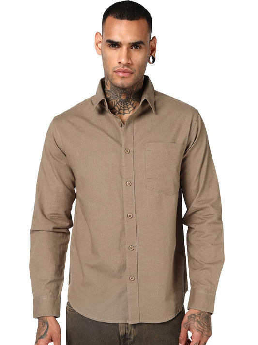 Bewakoof Mens Solid Regular Fit Full Sleeve Collar Cotton Linen Blend Shirt_1004024_Brown_S