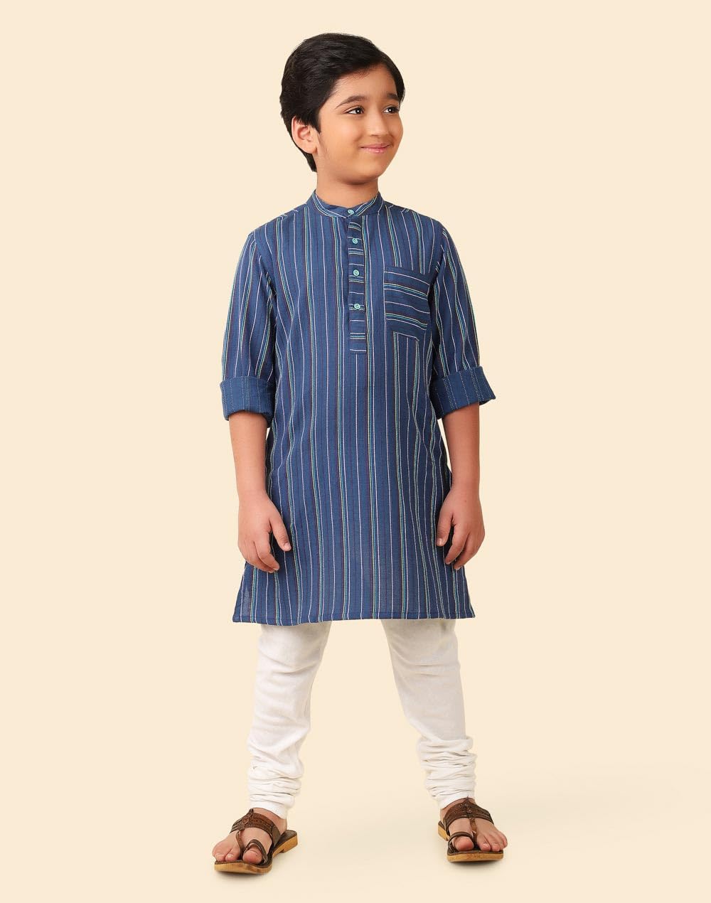 Fabindia Boy's Cotton Striped Regular Fit Long Kurta (1032801COBALT_Cobalt