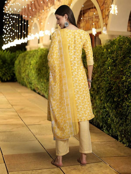 Pinkmint WomenS Cotton Straight Printed Kurta Set With Dupatta L WomenS Kurta Suit Set L Kurta With Pant Set Yellow