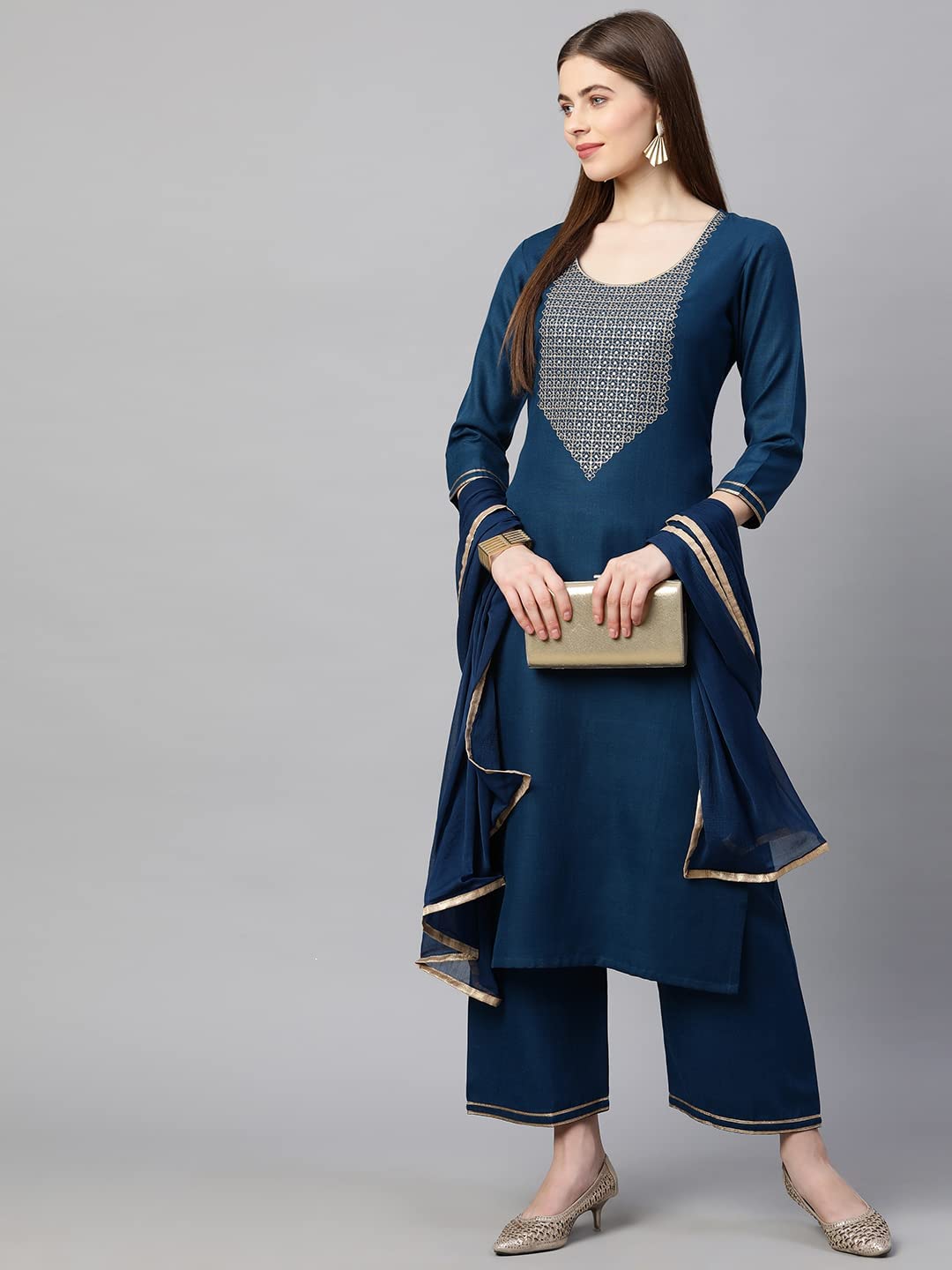 GoSriKi Women's Cotton Kurti with Palazzos & Dupatta
