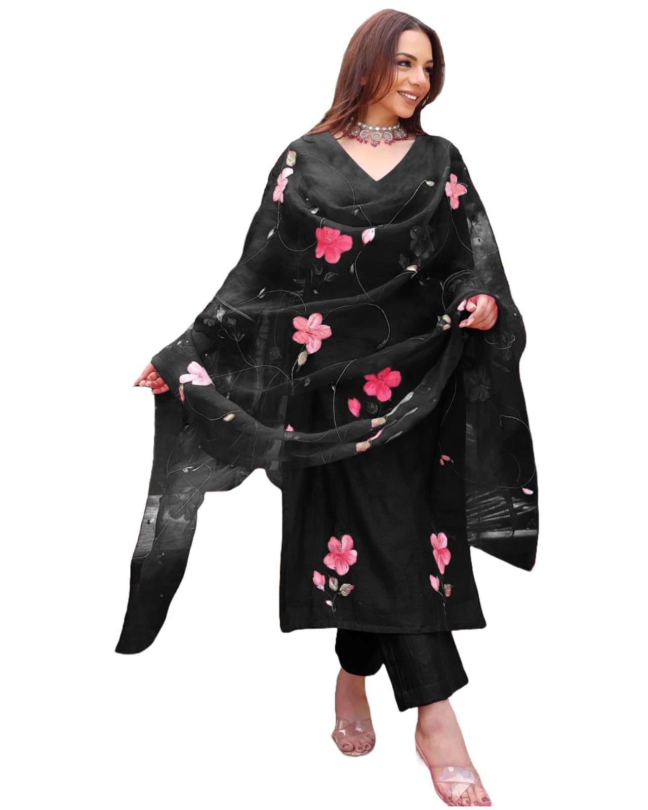 ANNI DESIGNER Womens Rayon Blend Floral Straight Kurta with Pant & Dupatta (ROKA Rani_Black_XXX-Large)