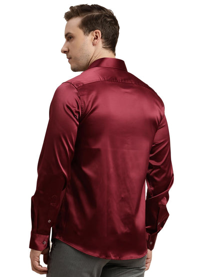 Turtle Men Poly Satin Maroon Solid Slim Fit Full Sleeve Ceremonial Shirt
