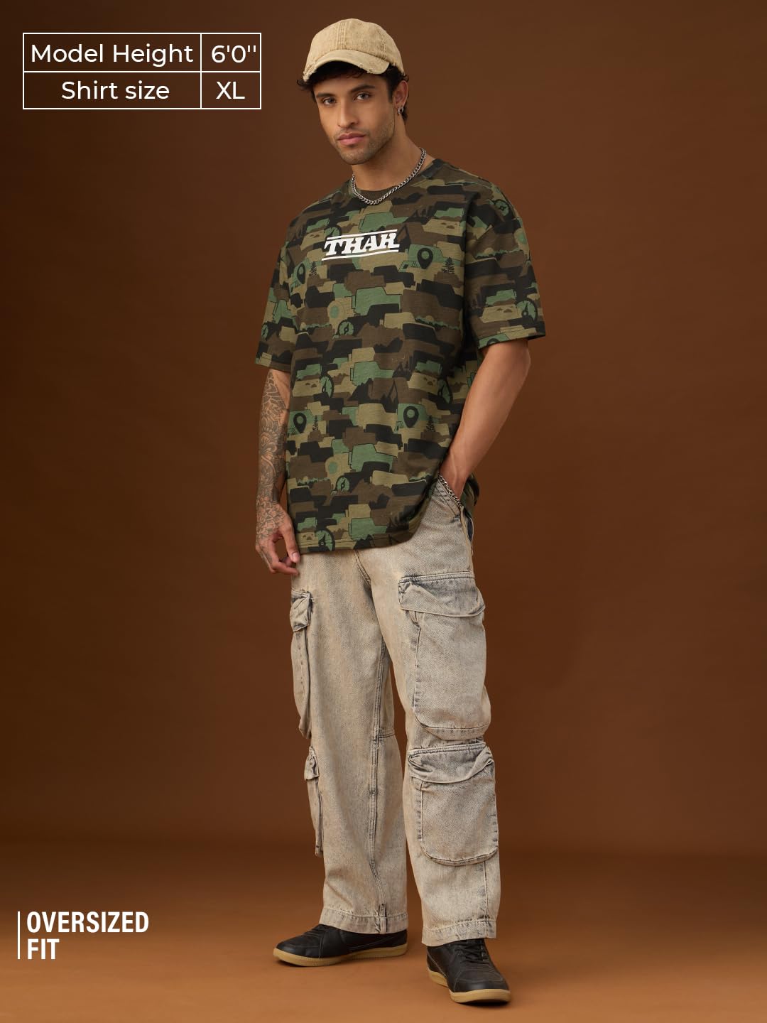 The Souled Store Thar: Off-Road Men and Boys Short Sleeves Round Neck Graphic Printed Camouflage Oversized T-Shirt