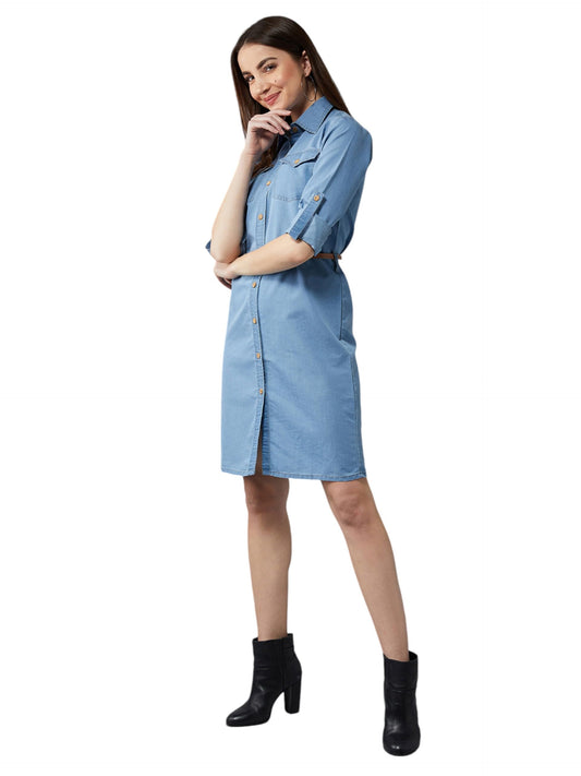 Dolce Crudo Womens Blue Polo Neck Denim Solid A-Line Mini Dress(DOAW18DEN04-22-115-03,Blue,Small)