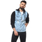 Campus Sutra Mens Cotton Blue & Black Colour-Blocked Denim Jacket with Hoodie | Structured Jacket with Comfort Fit, Regular Ful