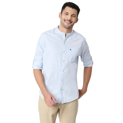 Thomas Scott Mens Solid Slim Fit 100% Cotton Casual Shirt with Mandarin Collar and Full Sleeve Light Blue