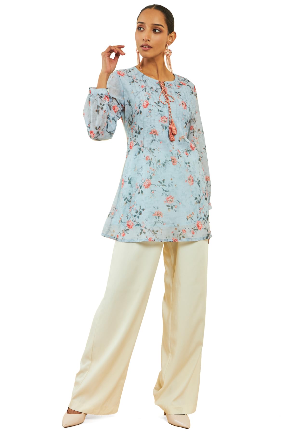 Soch Womens Powder Blue Georgette Floral Print A-Line Tunic with Pintucks