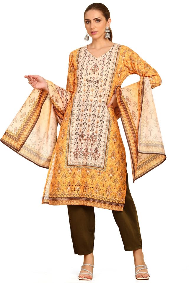 Soch Womens Mustard Print With Embroidery Cotton Blend Suit Set With Sequins