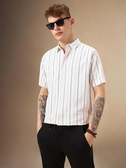 Dennis Lingo Men White Polycotton Dobby Half Sleeve Spread Collar Stripes Shirts