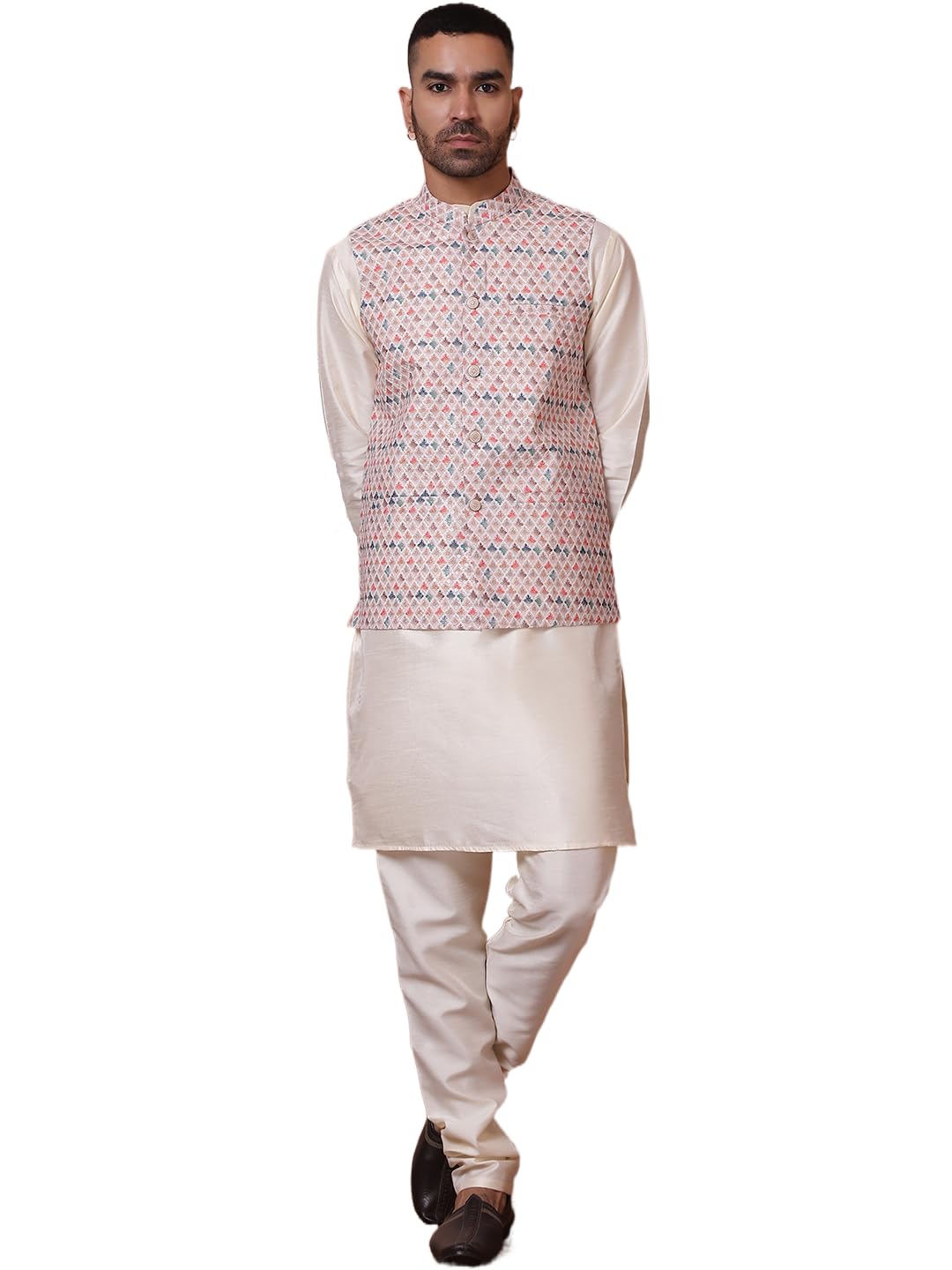 Jompers Mens Multi Sequins And Printed Nehru Jacket With Solid Kurta Pyjama Set