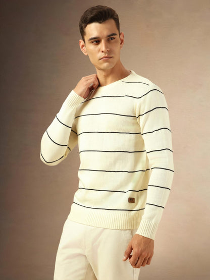 Dennis Lingo Men Regular Fit Acrylic Striped Full Sleeves Crew Neck Pullover Sweater Off White