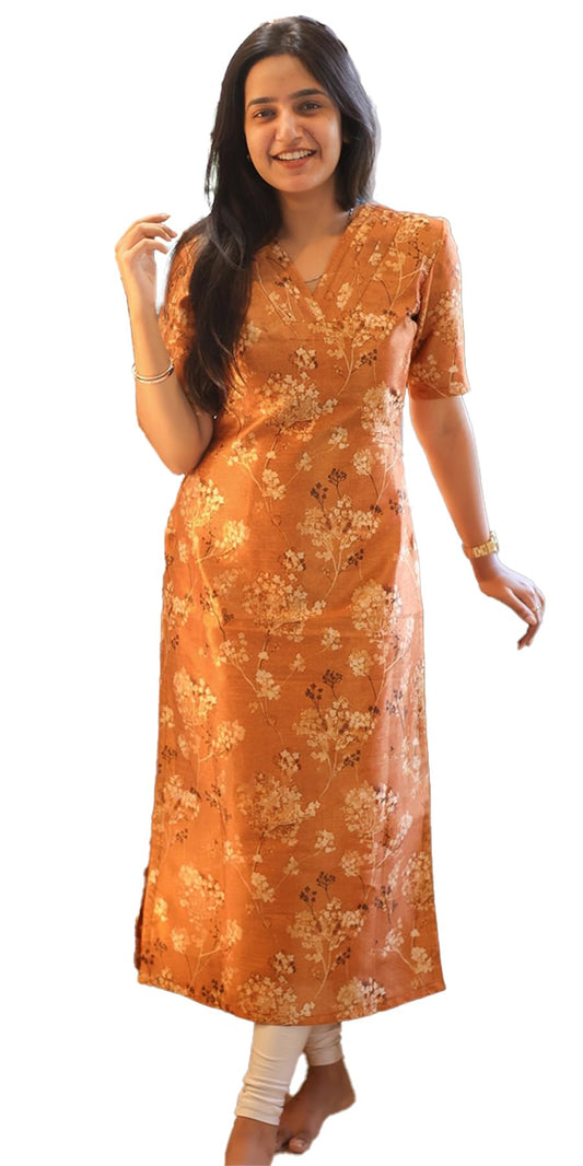 24 Carat Suit WomenS Chanderi Straight Kurti With Floral Print Elbow Length Sleeves Regular Fit V Neck And Calf Length