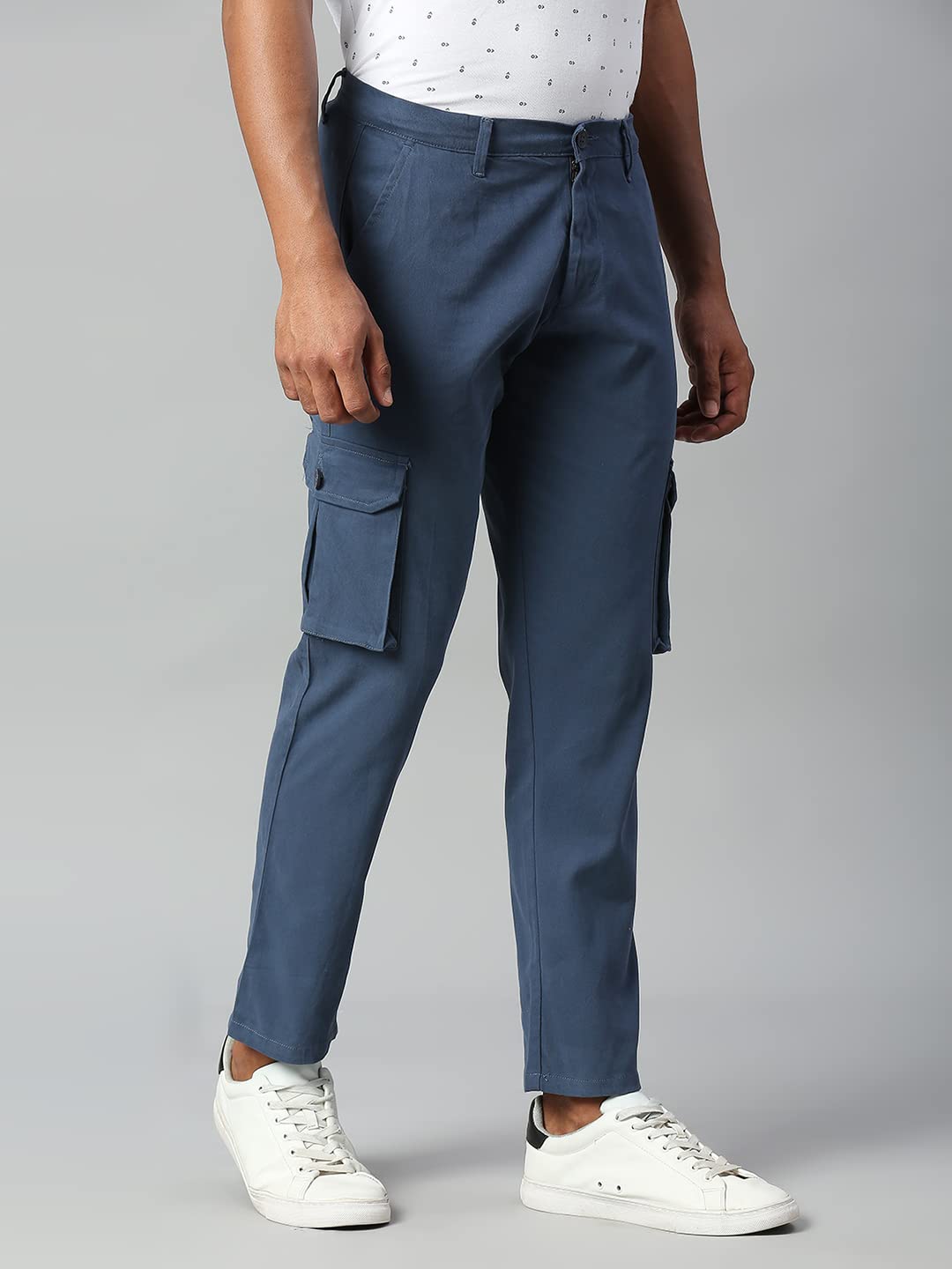 Dennis Lingo Mens Casual Solid Cotton Tapered Fit Mid Rise Ankle Length Multi-Pocket Stretchable Cargo Pant/Trousers (Petrol lB