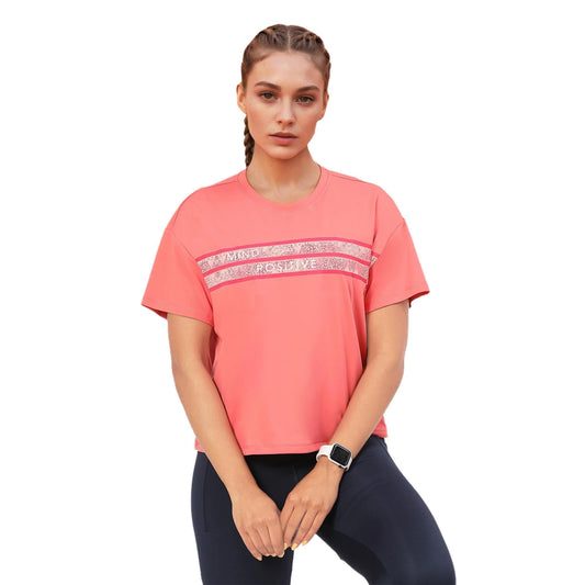 Enamor Womens Graphic Oversized Fit T-Shirt (A311_Coral Pink-Mind Positive