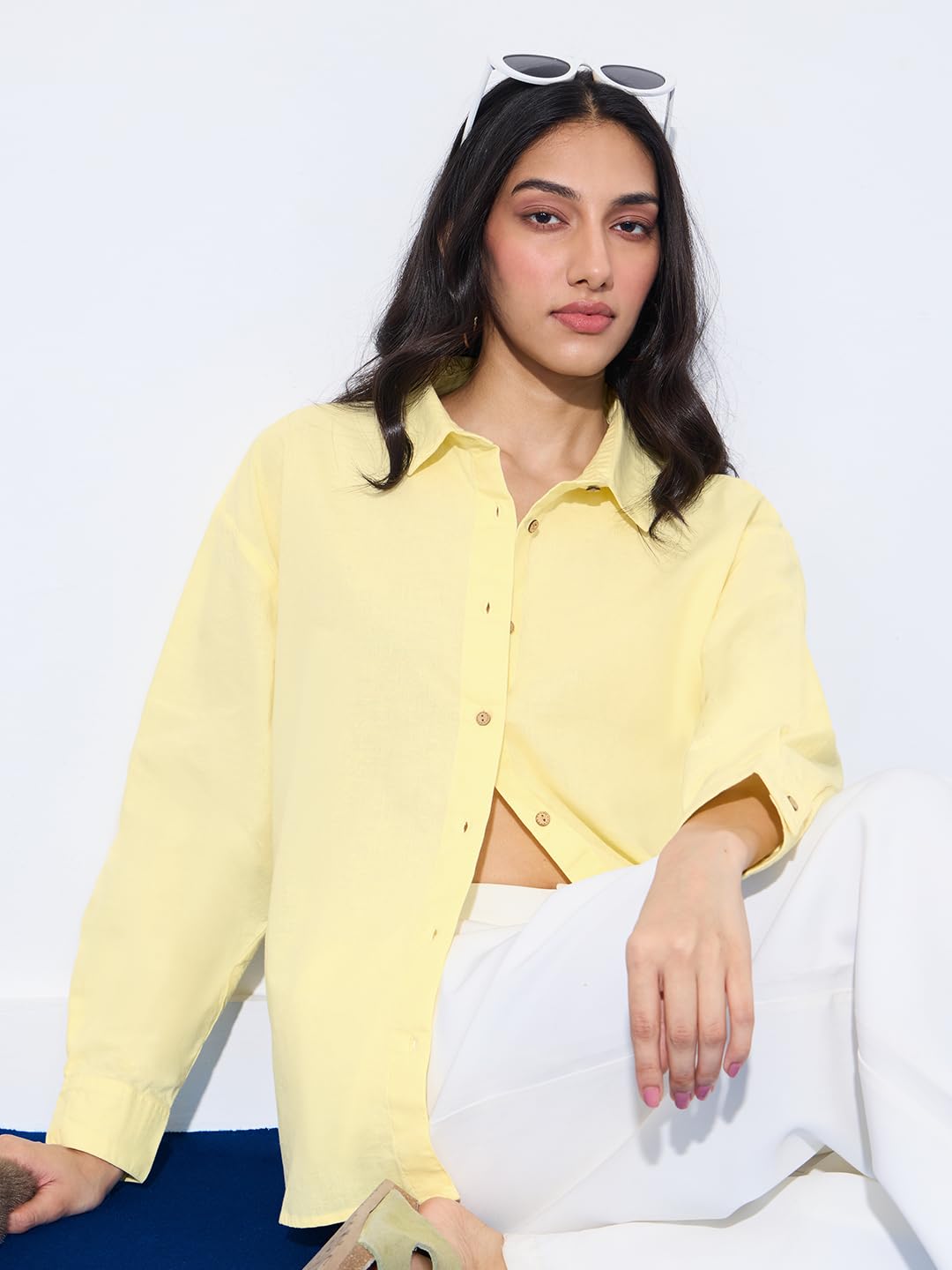 The Souled Store Cotton Linen Shirt: Butter Yellow Women and Girls Long Sleeve Collared Neck Button Front Solid Oversized Fit Br