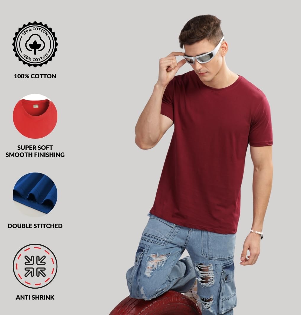 ADRO Men's Solid Regular Fit T-Shirt (RCM3-PLN-PU-MR-PT_Purple,Maroon,Pista